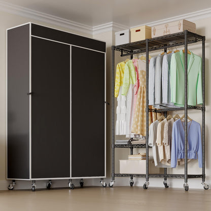 Higeego H9 Garment Rack with Cover, Heavy Duty Clothing Rack for Hanging Clothes, Portable Closet with wheels, Wardrobe Closet with Adjustable Shelves, Black Rack Shelf with Black Fabric Cover
