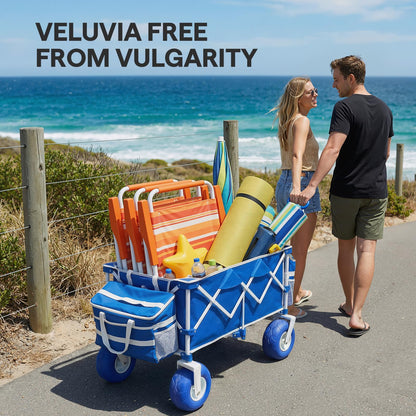 VELUVIA Beach Wagon with Balloon Wheels for Sand - 450LBS Heavy Duty Foldable All Terrain Wagon with 9" Balloon Tires- Collapsible Beach Dolly with Adjustable Handle & Cooler Bag for Beach - Blue