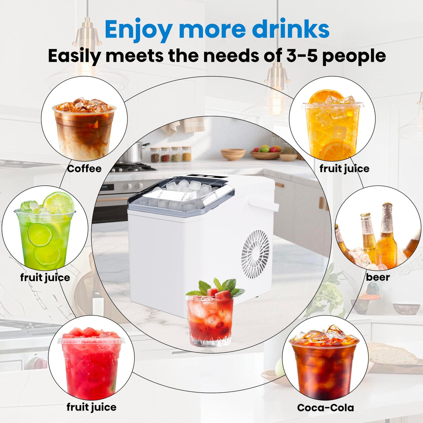 Countertop Ice Maker Machine with Portable Handle, Basket and Scoop, 26lbs Daily, 9 Ice Cubes Ready in 6 Mins, Auto-Cleaning for Home, Kitchen, Office, Outdoors, RV Camping.