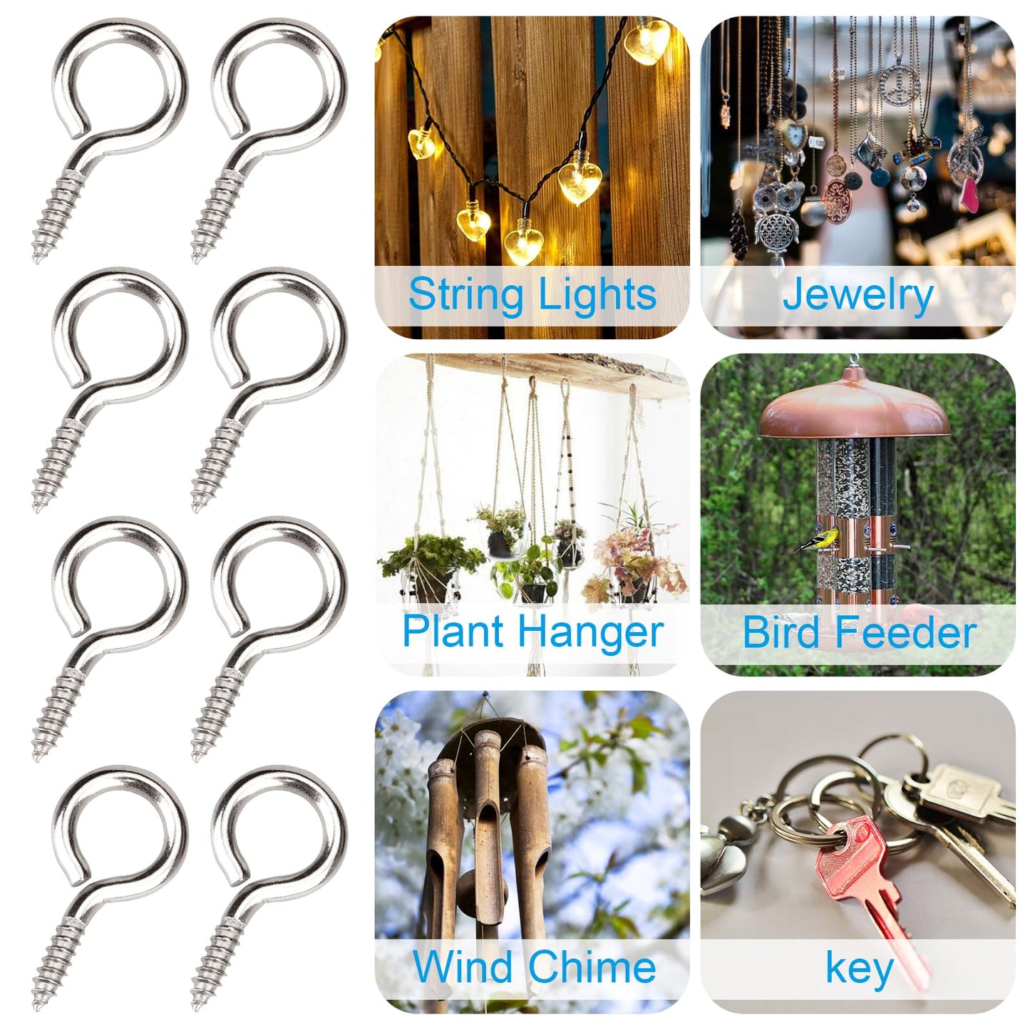 Aovchei Eye Screws, 50Pcs 1 inches 304 Heavy Duty Stainless Steel Screw Hooks, Self Tapping Eye Bolts, Indoor & Outdoor for Hanging Artwork