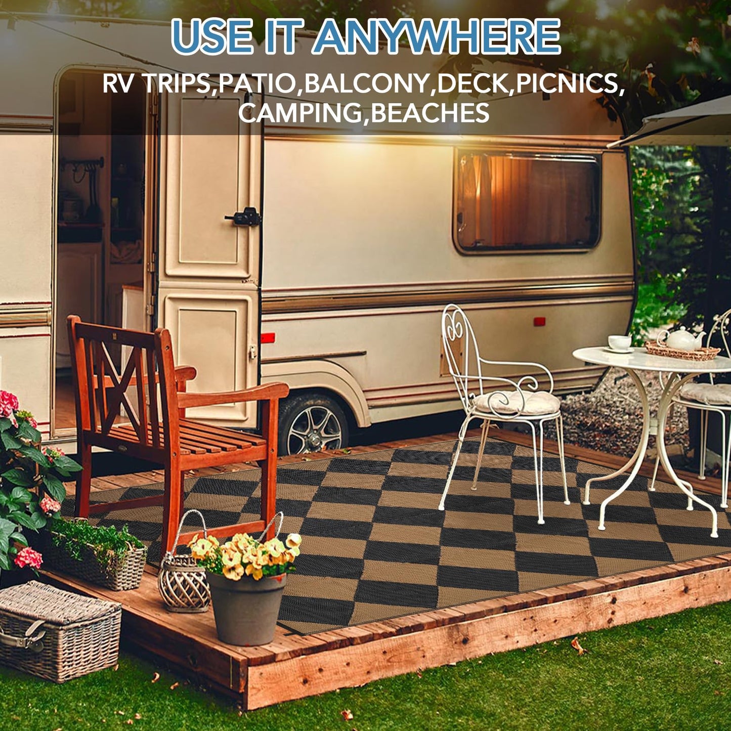 GarveeHome Outdoor Rug 9x18 ft Waterproof Mat Reversible Outdoor Plastic Straw Rug Patio Rug Camping Rug Portable Outdoor Mat for RV Porch Balcony Backyard Picnic Beach Black/Brown Diamond