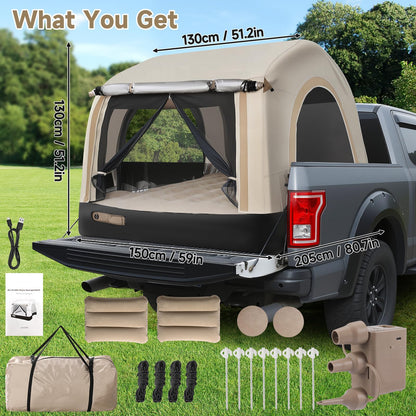 OPP ULITE All-in-One Truck Bed Tent Auto Inflate Deflate Built in Pump 4.92FT, PU2000mm Waterproof Pickup Tent Air Mattress Camping Travel Outdoor Activities for Ford F150, Silverado, Tundra