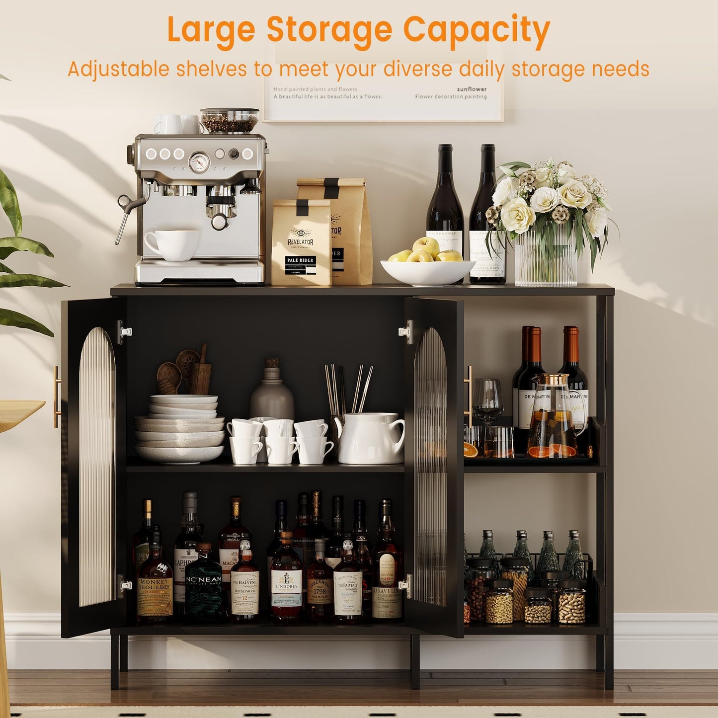 GarveeHome Glass Door Sideboard Cabinet, Modern Storage Buffet with Metal Handles and Adjustable Shelves, Solid Wood Frame Display Cabinet for Living Room, Dining Room, Kitchen, Entryway, Black