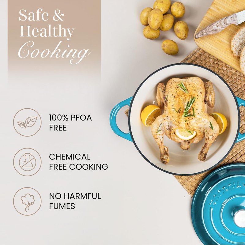 Nuovva Enamelled Cast Iron Dutch Oven Pot with Lid 6.4 Quart Non Stick Casserole Pot – Heavy Duty & Oven Safe up to 500° F for Bread Baking, Braising, Stews, Roasting – 28cm Light Blue