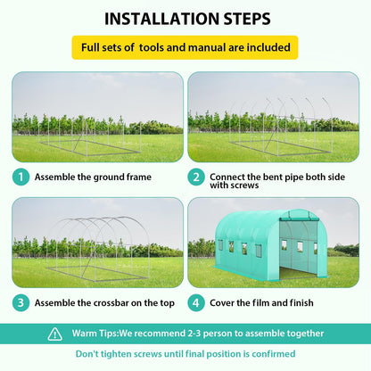7*15*7FT Walk-in Greenhouse, Portable Walking in Tunnel Tent, Walking in Tunnel Tent with Galvanized Pipe, 2 Roller Zippered Door & 8 Screen Windows, Greenhouses for Outdoors (Bottom widening Design)