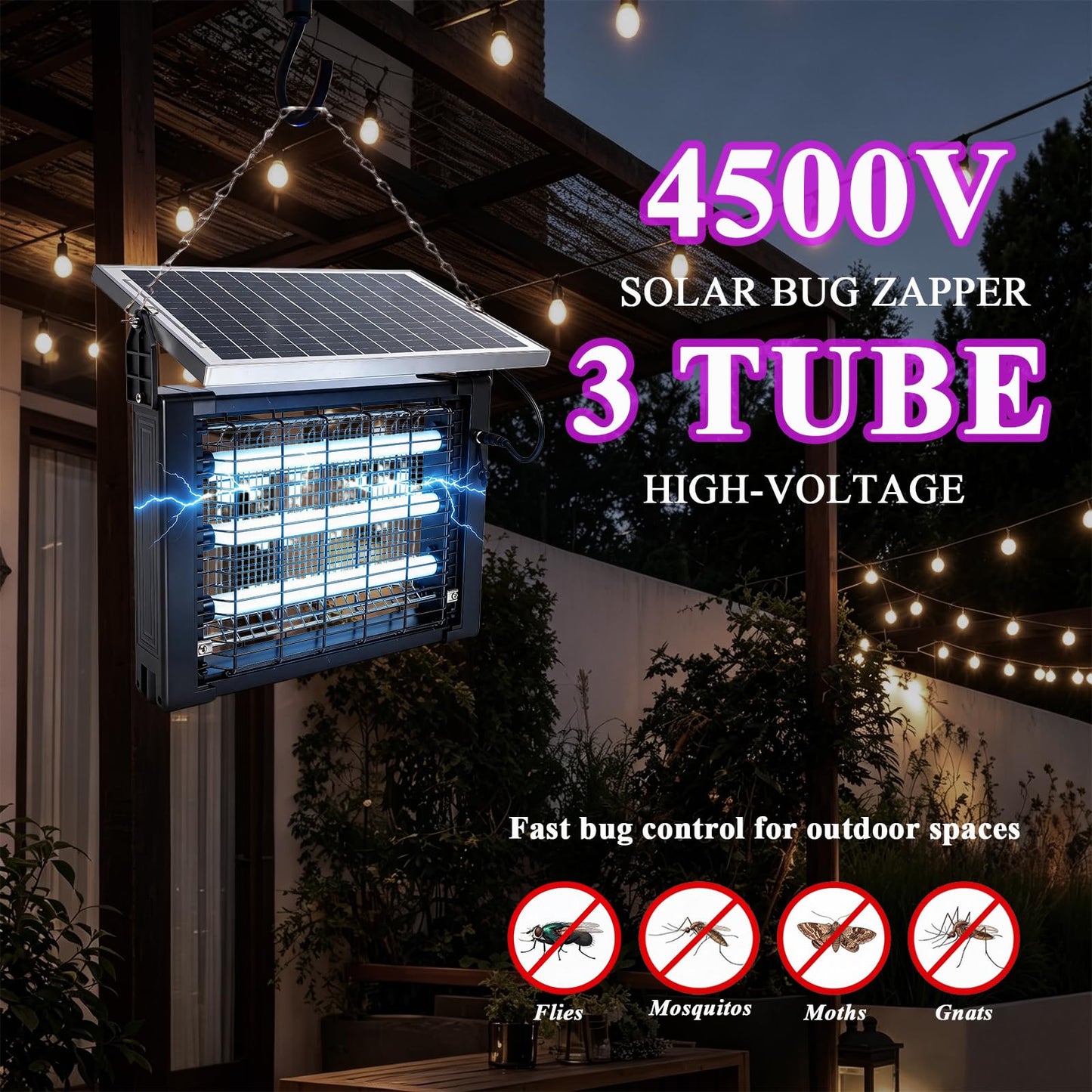 Solar Bug Zapper Outdoor, Pest Control Waterproof High Powered 4500v, Electric Mosquito Killer Rechargeable Mosquito Zapper Fly Trap for Terrace Garden Backyard, Patio Rv Approx 323-753 sq ft