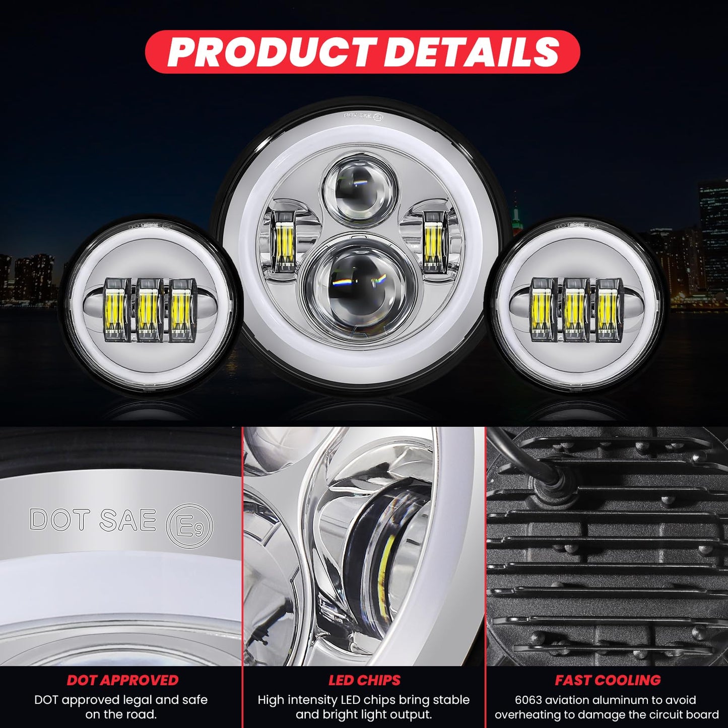 kekykm 7 Inch Motorcycle LED Headlight 4.5" Fog Passing Light Assembly for Harley Touring Softail Deluxe Road King Street Glide Road Glide Ultra Limited Tri Tour Models DRL Halo Ring Angel Eye Chrome