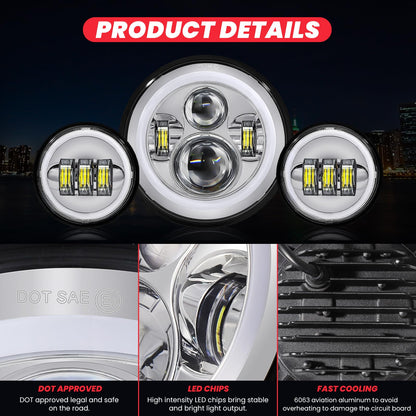 kekykm 7 Inch Motorcycle LED Headlight 4.5" Fog Passing Light Assembly for Harley Touring Softail Deluxe Road King Street Glide Road Glide Ultra Limited Tri Tour Models DRL Halo Ring Angel Eye Chrome