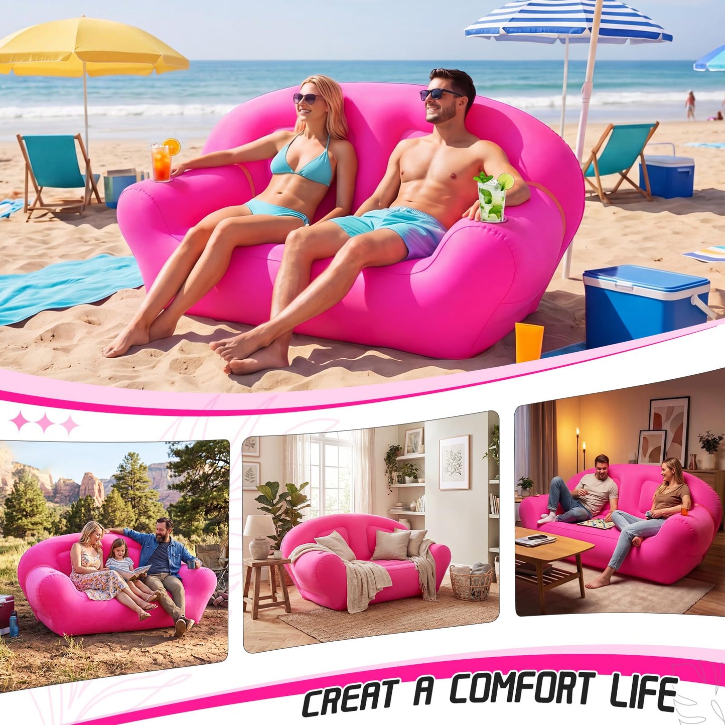 Novabright Inflatable Couch, Flocked Surface Blow up Chair, Folding Portable Flocking Inflatable Air Sofa Lazy Sofa for Living Room Learning Camping Part(Twin Size,Hot Pink)