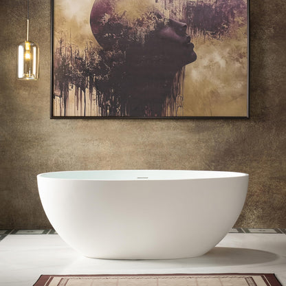 WOODBRIDGE 55 Stone Resin Freestanding Soaking Tub, Modern Oval Solid Surface Bathtub with Integrated Slotted Overflow & Drain, Matte White, B0043