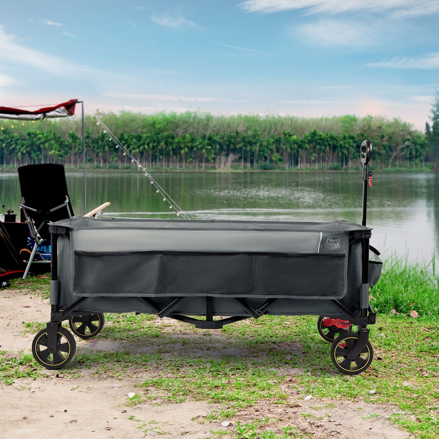 Timber Ridge 51.2'' Extended Collapsible Wagon Cart, 500LBS Heavy Duty Foldable Utility Wagon with Adjustable Handle, 400L Capacity Portable Cart with Cargo Net for Camping Sports Shopping-Grey