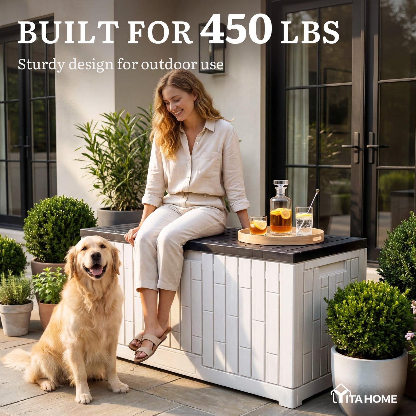 YITAHOME Large Deck Box 120 Gallon Resin Outdoor Storage Box w/Slide-Locking Black Lid, Patio Storage Bin for Outdoor Pillows, Garden Tools and Pool Supplies, Waterproof, Lockable, Grayish-White