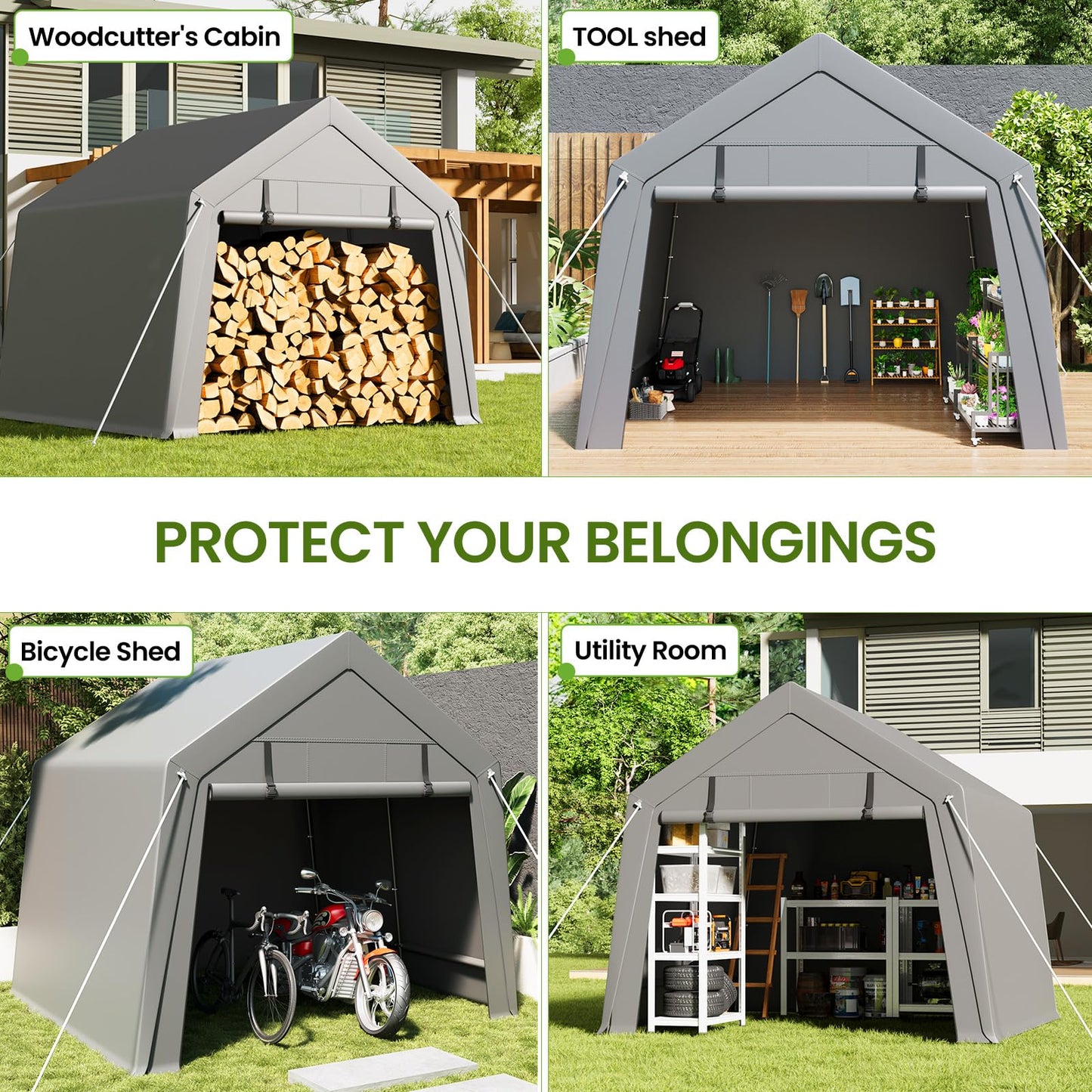 Portable Carport Storage Shed, 6' x 6' Motorcycle Tent, Waterproof & UV-Resistant with Roll-Up Zipper Doors, Gray Outdoor Shelter for Bikes, Tools & Equipment