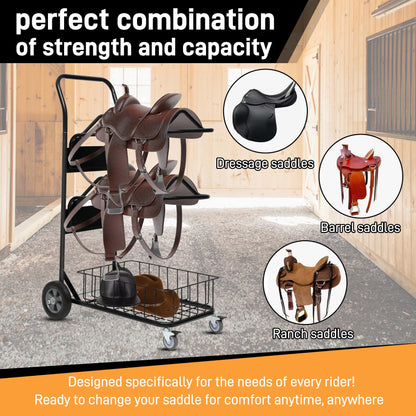 Heavy Duty Two Tier Saddle Rack Stand, Wheeled Saddle Cart with Basket, Ideal for Storing, Transporting, Organizing, and Moving Supplies - Detachable