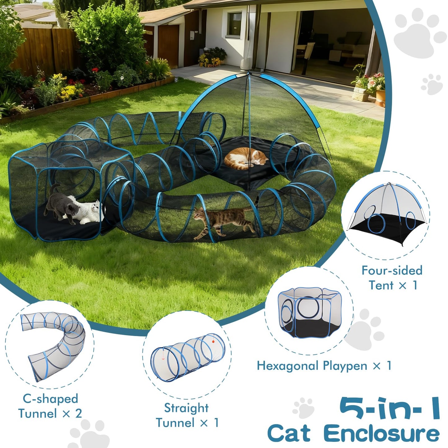 Tivray Outdoor Cat Enclosure, 5-in-1 Cat Tent Outdoor Pet Playpen with Tunnel, Portable Catio Play Pen for Outside and Indoor cat Enclosure with Storage Bag for Kitty and Small Animals