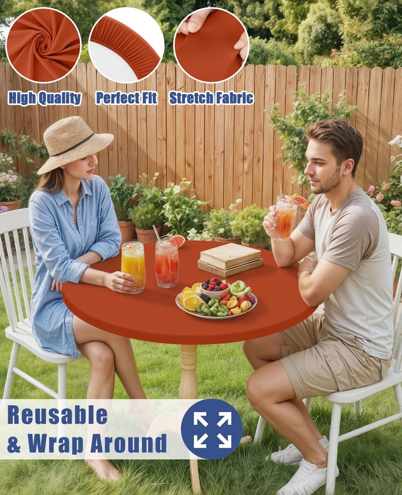 Moosfor Round Spandex Tablecloth, Elastic Fitted Waterproof Tablecloths for 57"-68" Tables, Stretch Washable Picnic Table Cover for Camping, Dining, Indoor and Outdoor, Rust