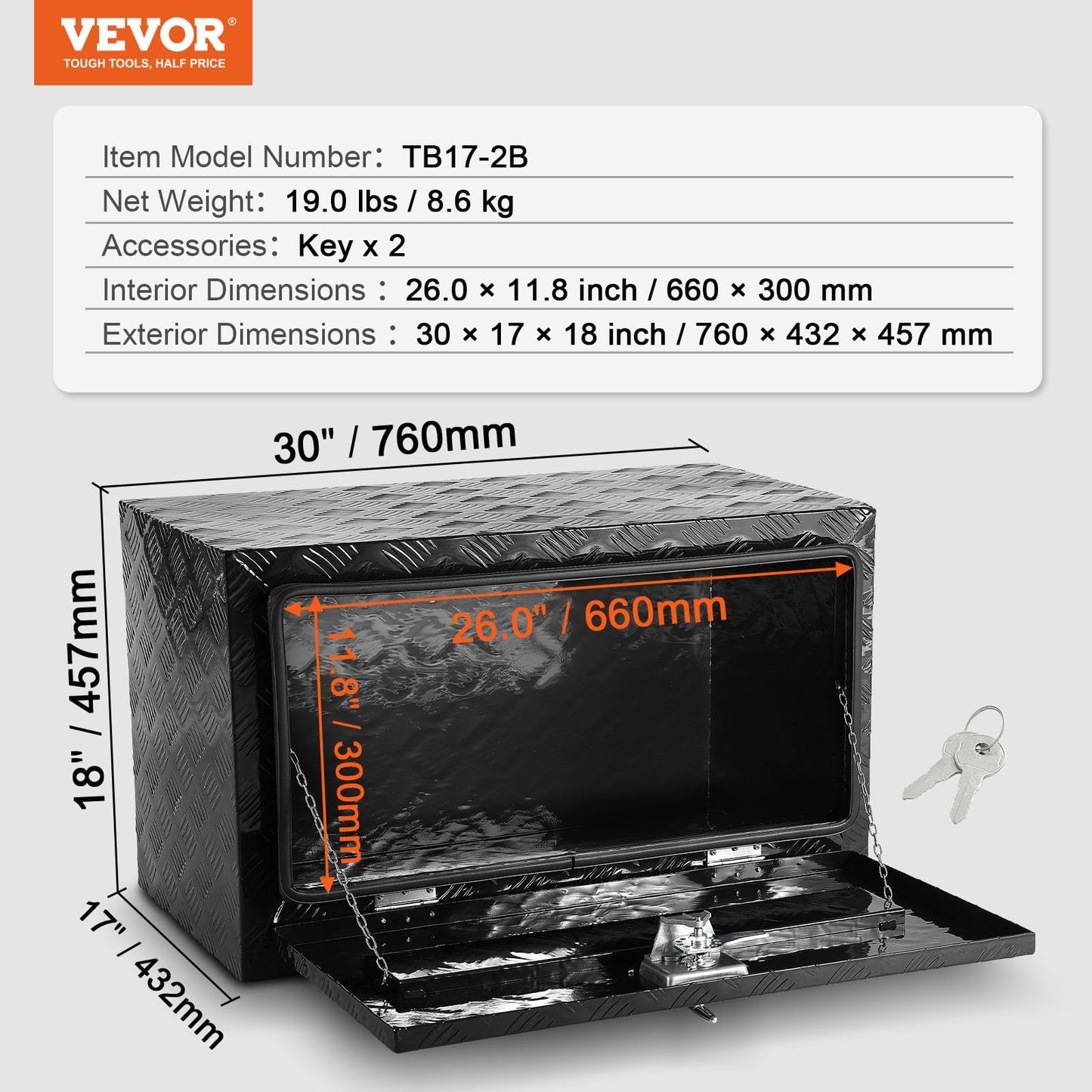 VEVOR Underbody Truck Box, 30" x 17" x 18" Pickup Storage Box, Heavy Duty Aluminum Diamond Plate Tool Box with Lock and Keys, Waterproof Trailer Storage Box with T-Handle Latch for Truck, Van, Trailer