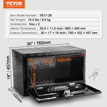 VEVOR Underbody Truck Box, 30" x 17" x 18" Pickup Storage Box, Heavy Duty Aluminum Diamond Plate Tool Box with Lock and Keys, Waterproof Trailer Storage Box with T-Handle Latch for Truck, Van, Trailer