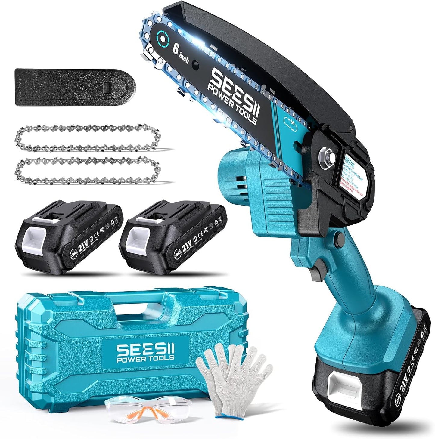 Seesii Mini Chainsaw - 6-Inch Cordless Electric Power Chain Saw with 2 Batteries | Ideal for Tree Trimming & Wood Cutting