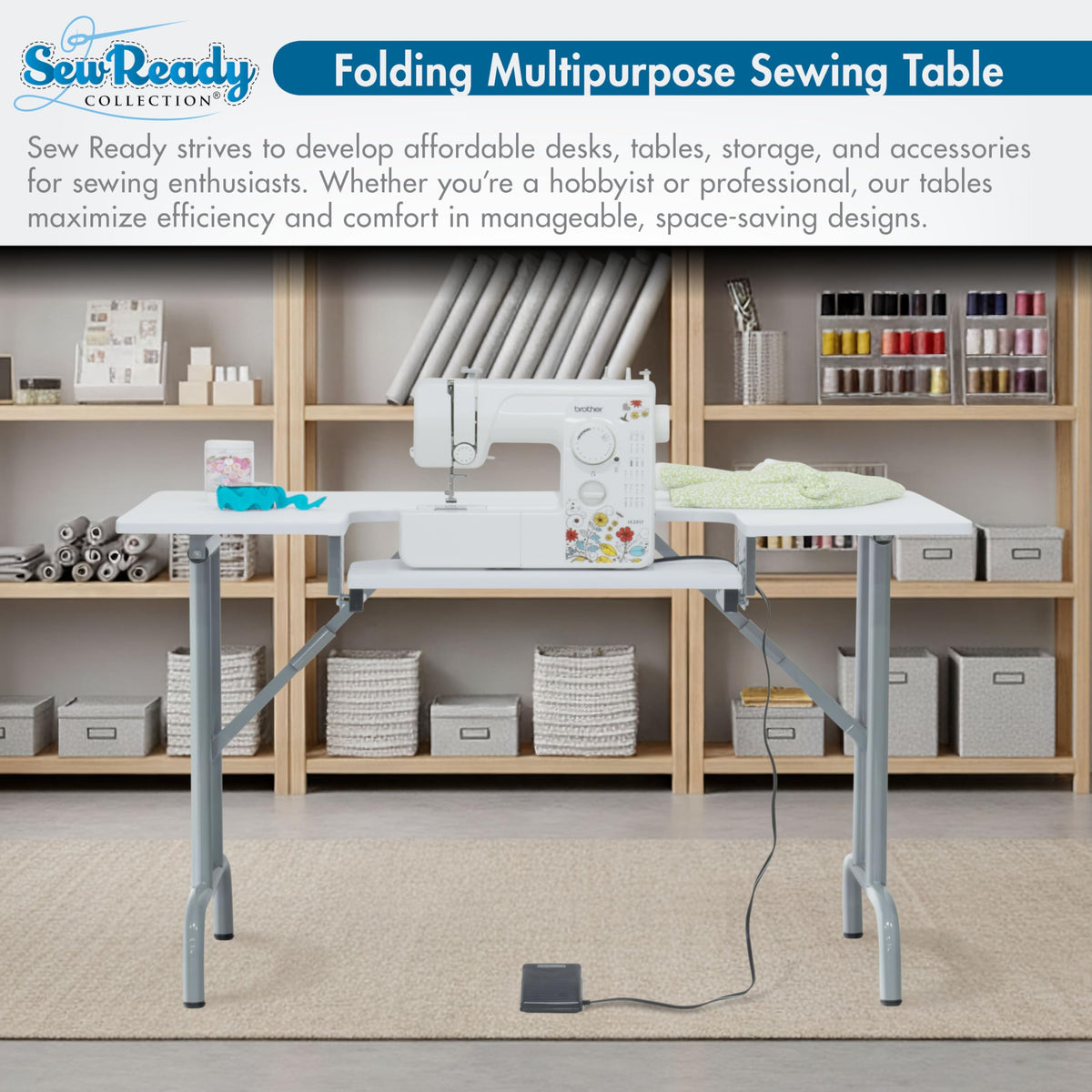 Studio Designs Folding Multipurpose Sewing & Craft Table w/ Machine Shelf, White