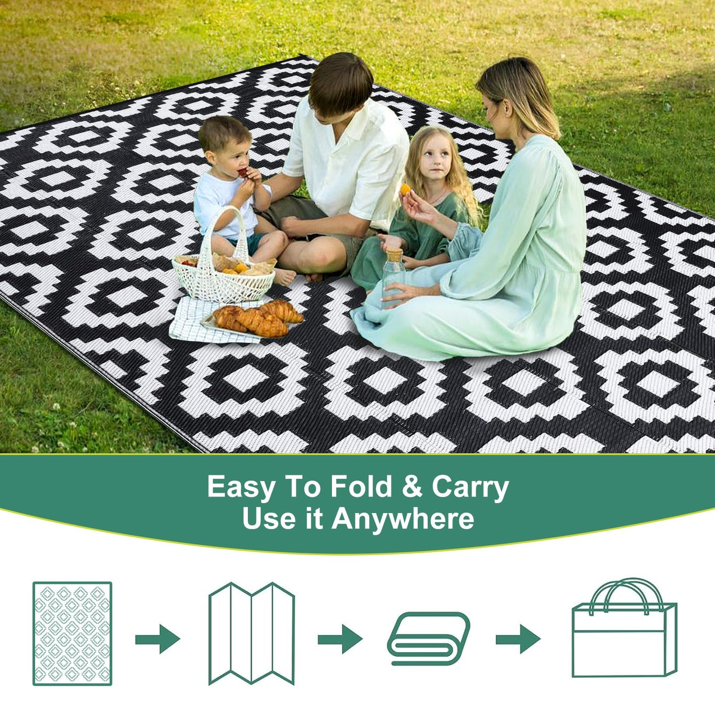 GlowSol Waterproof Outdoor Rug 9x18 Reversible Outdoor Plastic Straw Rug Camping RV Carpet Outside Modern Geometric Foldable Patio Mat for Porch,Deck,Backyard,Balcony,Picnic,Beach,Black White