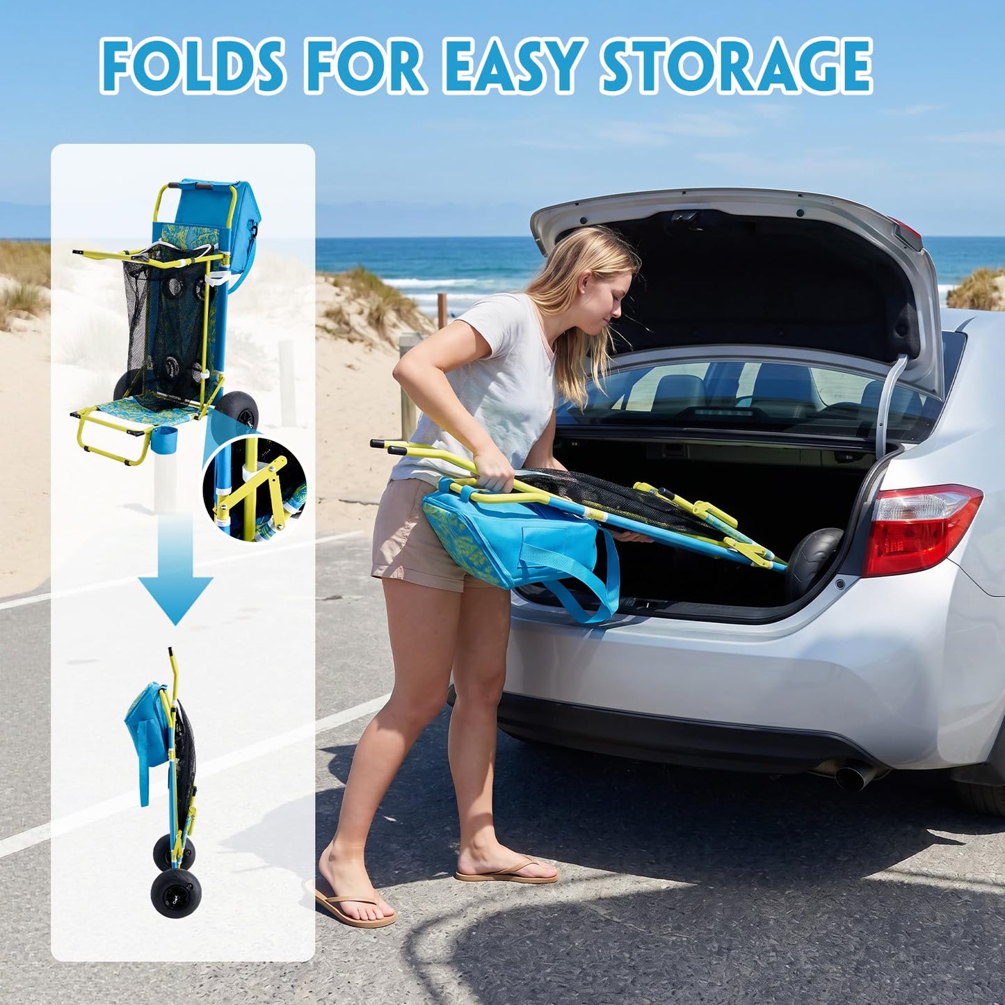 2-in-1 Beach Cart with Big Balloon Wheels for Sand, Folding Utility Wagon with Chair Holder, Cooler Bag, Mesh Storage, 4 Cup Holders, Umbrella Rack, Supports 100 lbs, Ideal for Beach, Camping, Picnic
