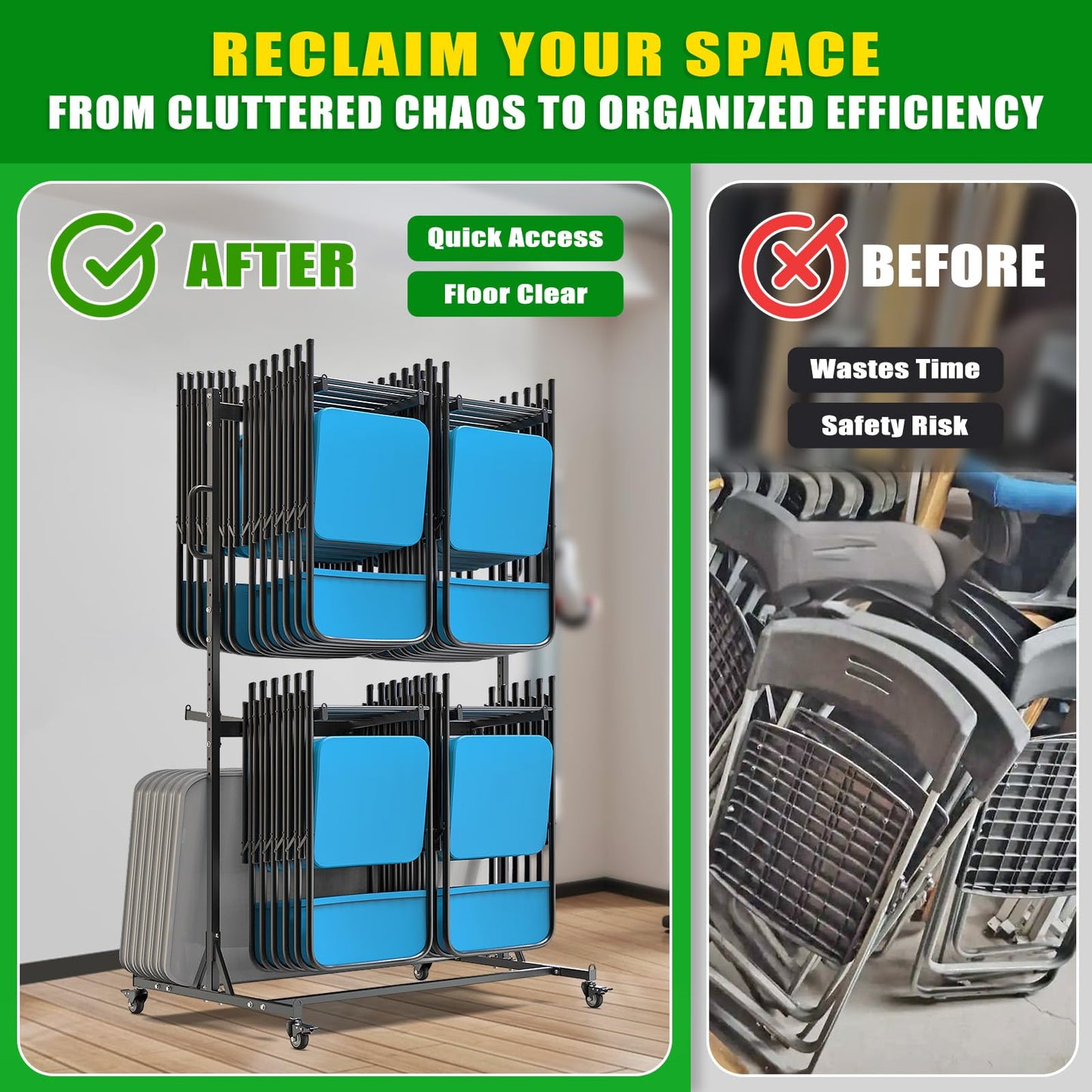 Dolibest Heavy Duty Folding Chair Cart, Folding Chair Rack & 4 Locking Swivel Wheels 48 Chairs/ 24 Chairs +12 Tables, Folding Chair Storage Dolly for Event, Church, Garage, Capacity Up to 1,000 lbs