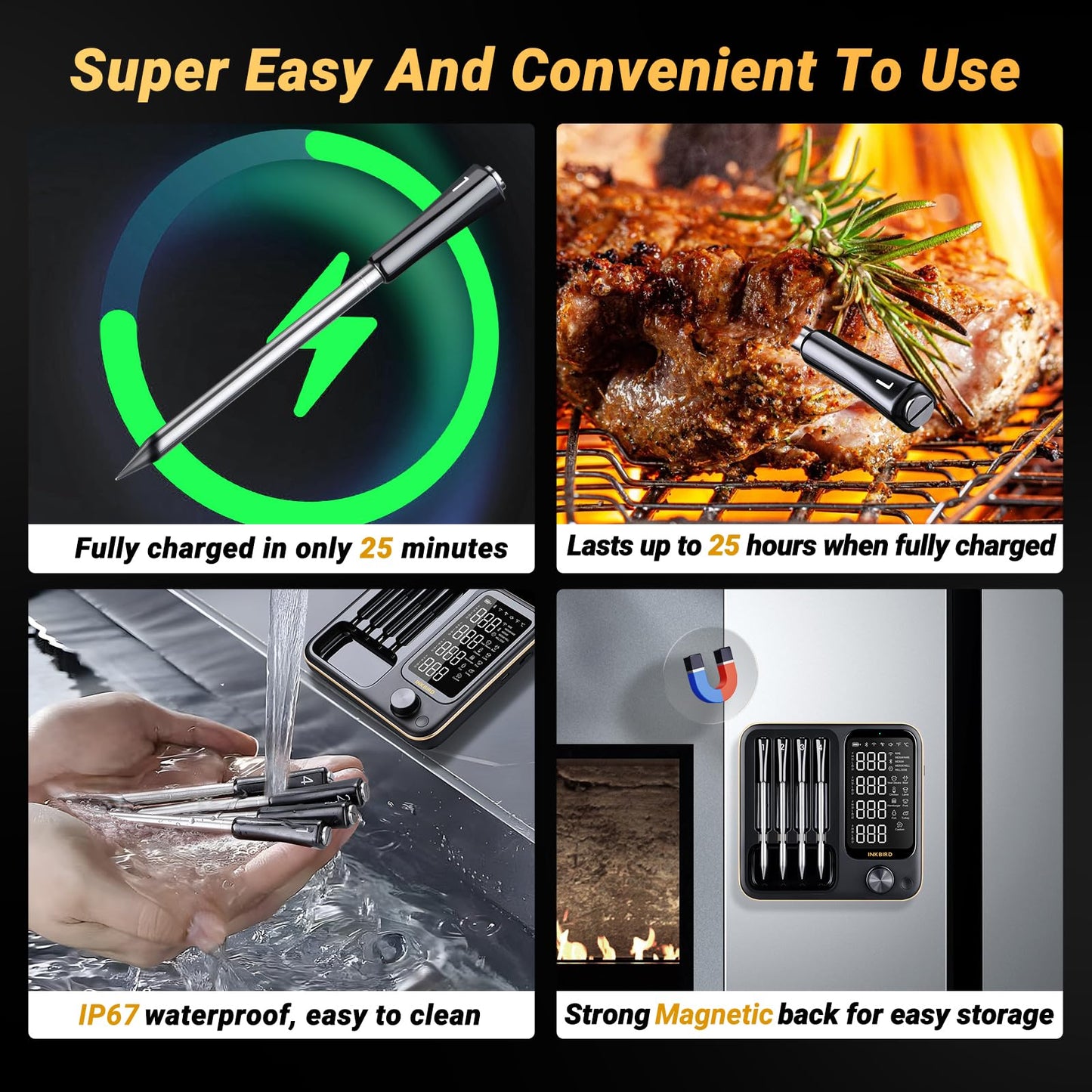 Wireless Meat Thermometer with 4 Probes, INKBIRD WiFi Meat Thermometer Digital Wireless for Rotisserie Grill Oven,Unlimited Range Dishwasher Waterproof Bluetooth Thermometer for iOS & Android