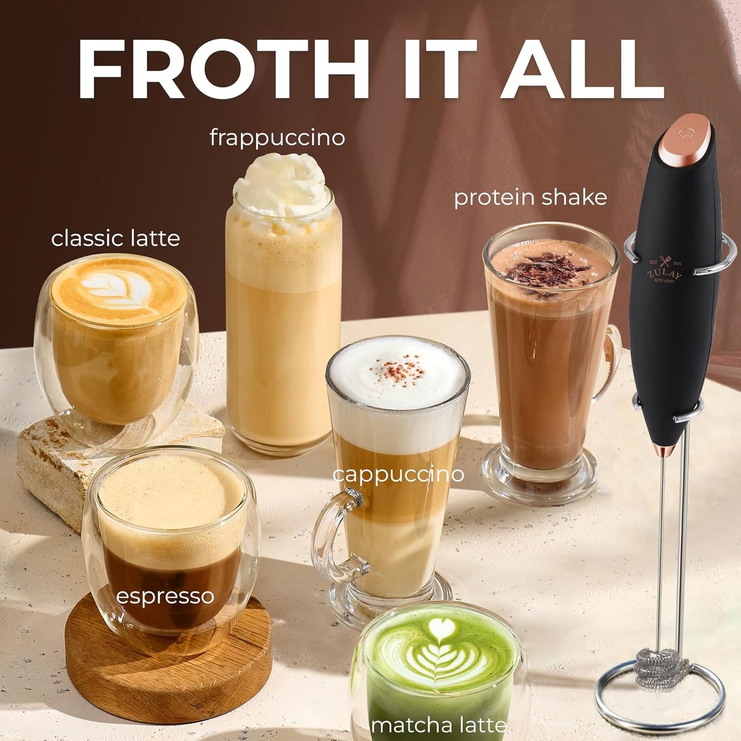 Zulay Kitchen Tornado Triple Whisk Milk Frother - Handheld Foam Maker for Coffee & Lattes - Black & Copper