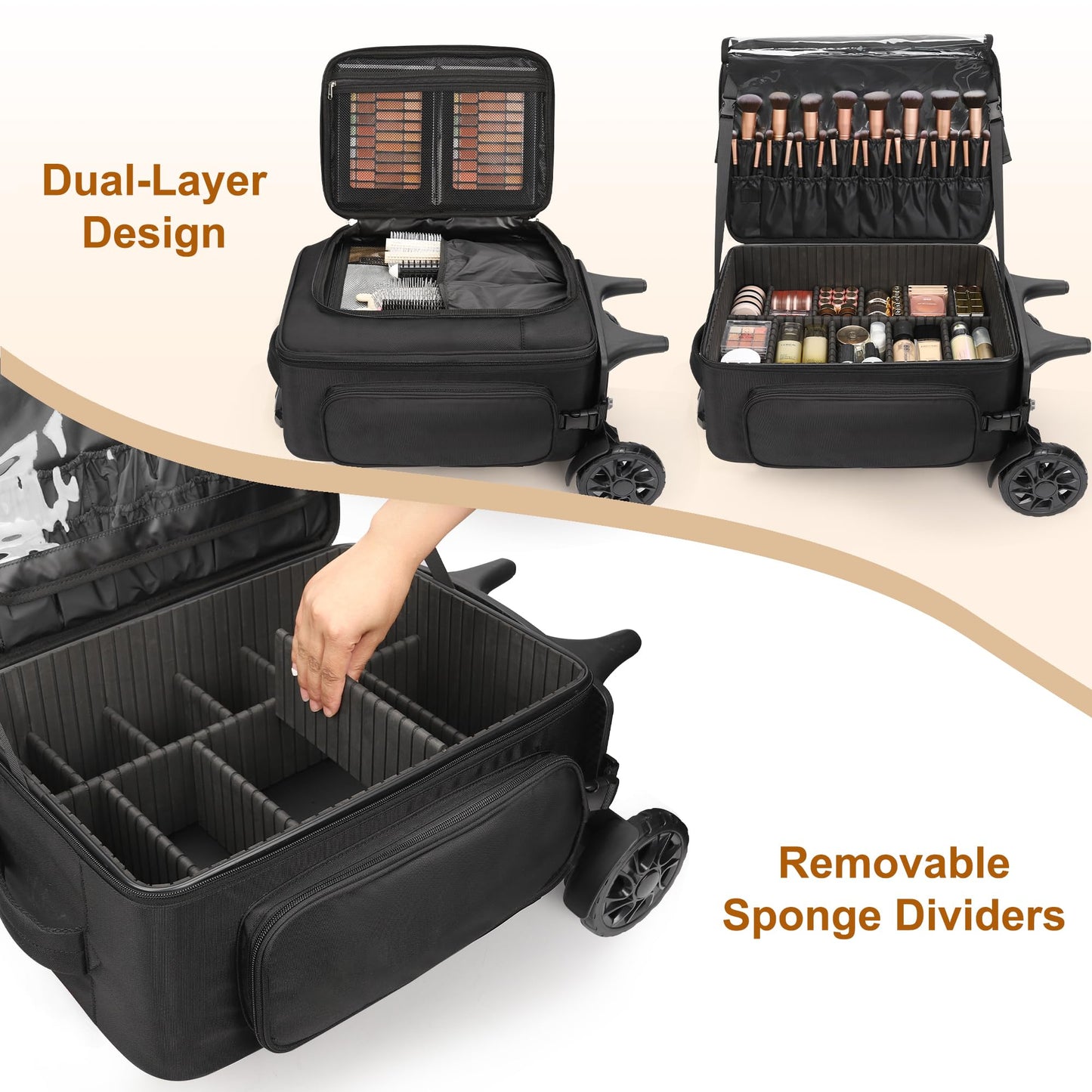 Relavel Rolling Makeup Case with 4 Small Makeup Bags, Large Make Up Travel Organizer with 2 big Wheels, Professional Lockable Makeup Artist Backpack with Adjustable Dividers for Daily Use - Black