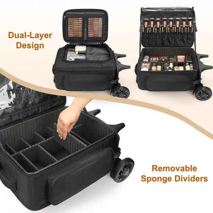 Relavel Rolling Makeup Case with Large Brush Bag, Professional Make Up Travel Organizer Bag with 2 big Wheels, Lockable Makeup Backpack with Adjustable Dividers for Makeup Artist - Black