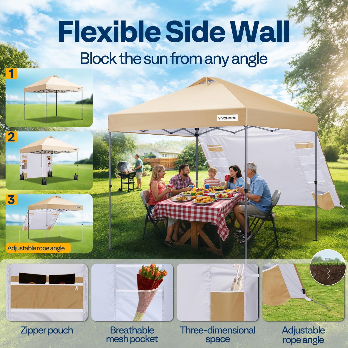 VIVOHOME 10x10ft Pop Up Canopy Tent with Sidewall and 6 Pockets, One Push Setup Outdoor Portable Shelter Tent Heavy Duty with Wheel Carry Bag and 4 Sandbags, Beige