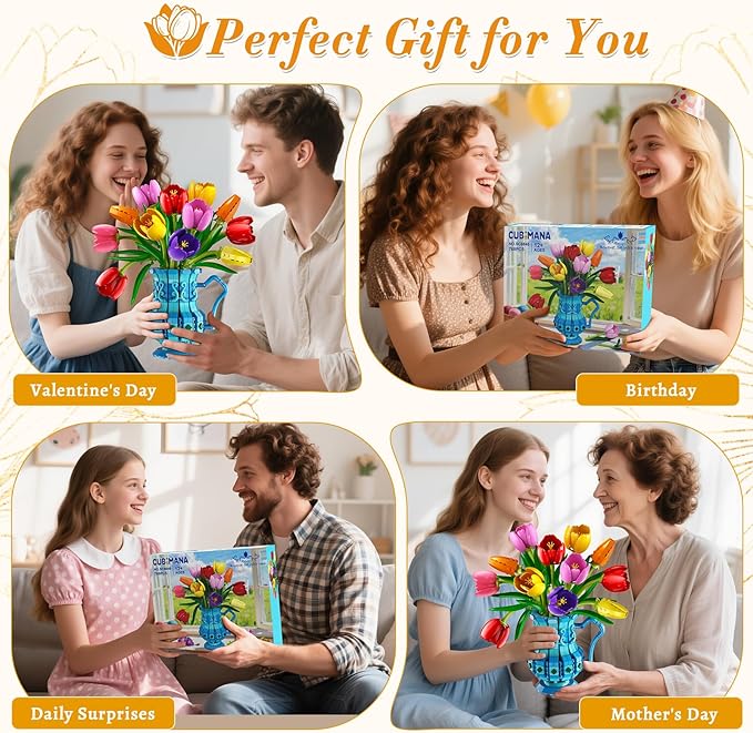 Flowers Bouquet Building Set with Vase - Tulips Bonsai Building Block for Adults Easter Gift for Her/Wife/Mom/Girlfriend 768PCS Artificial Plant Botanical Collection for Home Decor