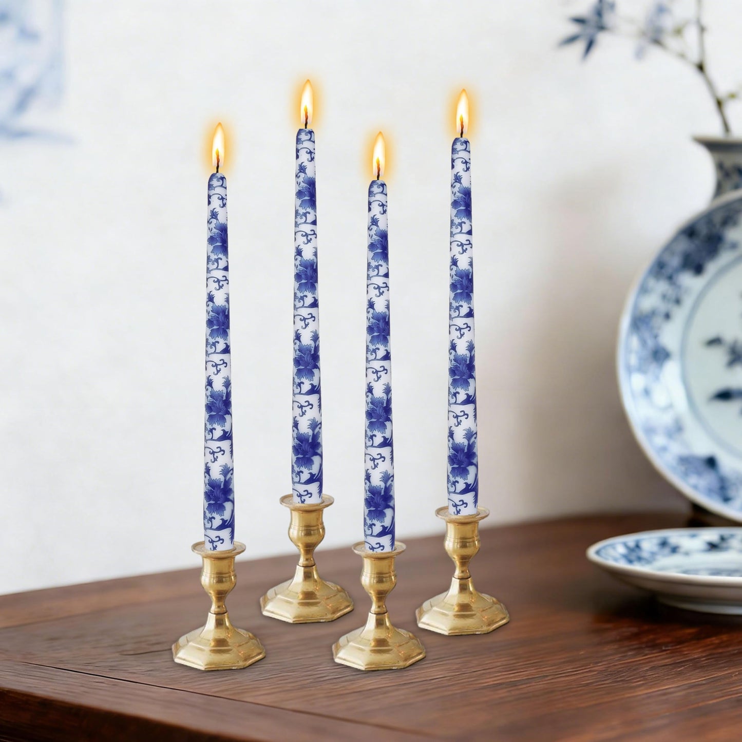 Blue and White Porcelain Taper Candlesticks 10 in Print Taper Candles Unscented Smokeless Handmade Printing Candle Tall Tapered Candle Sticks for Home Dinner Wedding Decor Simple Modern, 4 Pack