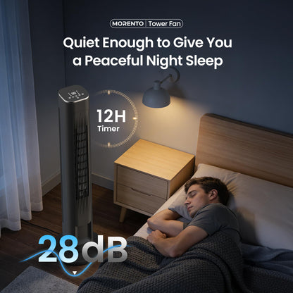 MORENTO Tower Fan for Bedroom, 2026 Upgraded 90° Oscillating 43" Standing Fan with 4 Speeds, 4 Modes, 25ft/s Velocity Bladeless Fan with APP/Voice/Remote/Touch Control, 28dB, 12H Timer, Black 1Pack