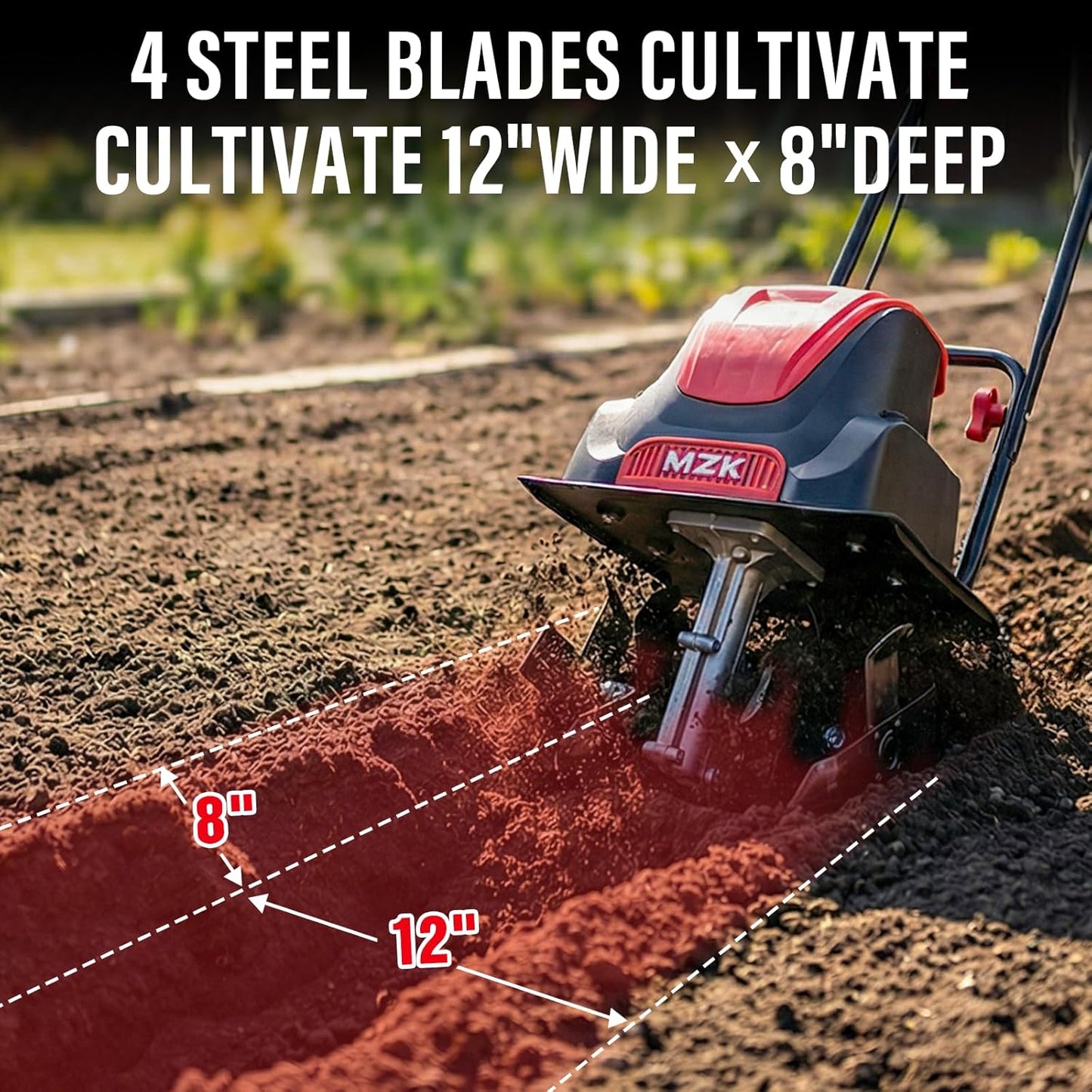 MZK 12-Inch Electric Tiller - 10.5 Amp Lightweight Cultivator for Easy Gardening | 8-Inch Tilling Depth