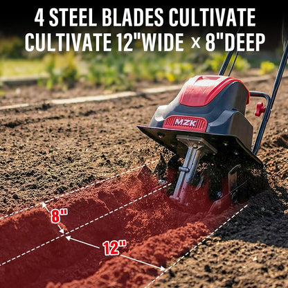MZK 12-Inch Electric Tiller - 10.5 Amp Lightweight Cultivator for Easy Gardening | 8-Inch Tilling Depth