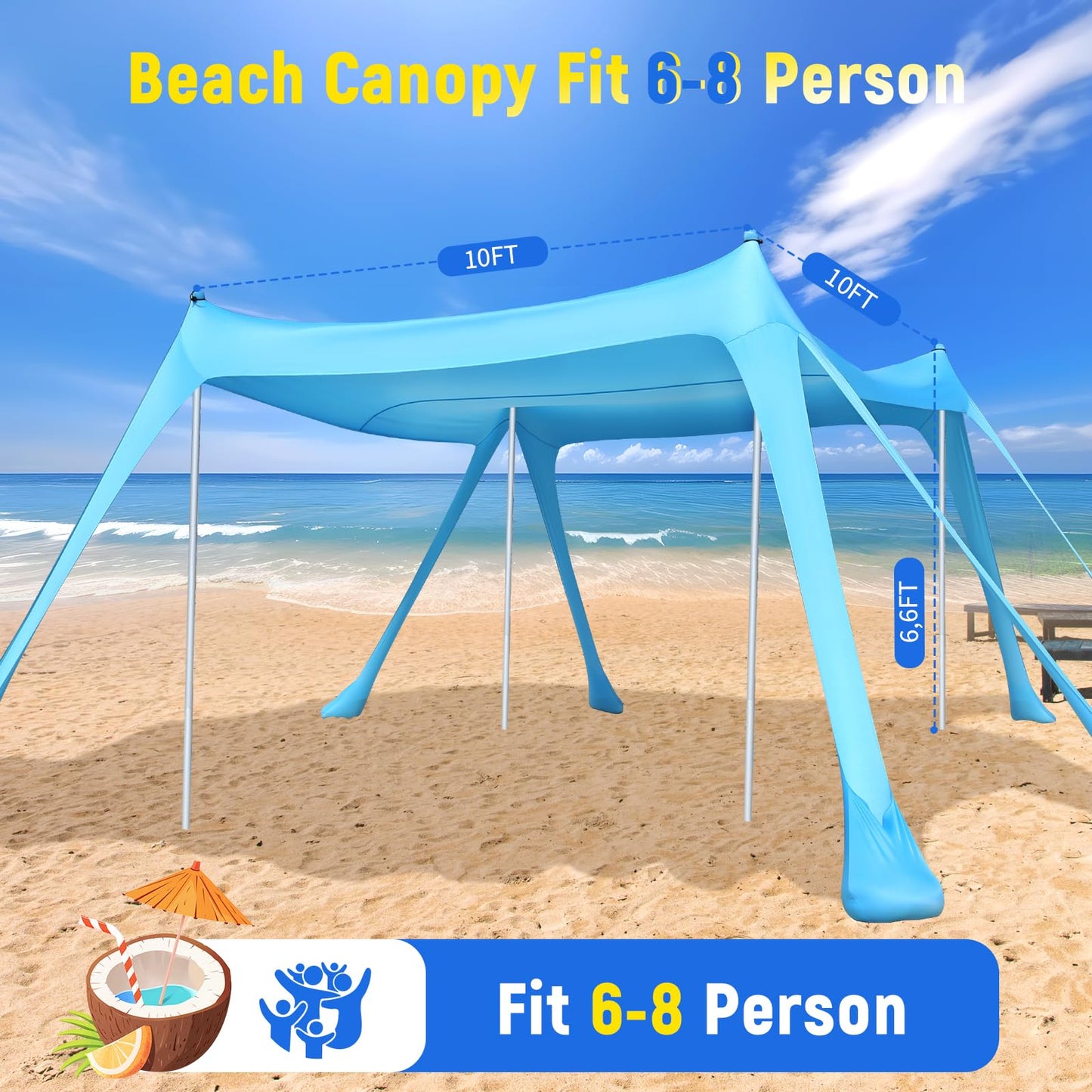 Purebox Beach Tent Sun Shelter - 10x10FT Beach Shade Canopy UPF50+ Protection Easy Setup, with 8 Sandbags, 4 Stability Poles, Sand Shovel, Ground Spikes, Outdoor Shade for Sand, Camping, Fishing