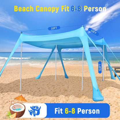 Purebox Beach Tent Sun Shelter - 10x10FT Beach Shade Canopy UPF50+ Protection Easy Setup, with 8 Sandbags, 4 Stability Poles, Sand Shovel, Ground Spikes, Outdoor Shade for Sand, Camping, Fishing