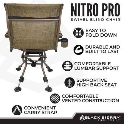 Black Sierra XL Swivel Hunting Chair 360 Silent Blind Seat Heavy Duty Support 300 lbs w/Padded Armrests, All Terrain Feet Cupholder and Carry Strap, Portable Outdoor Seat for Turkey and Deer Hunting