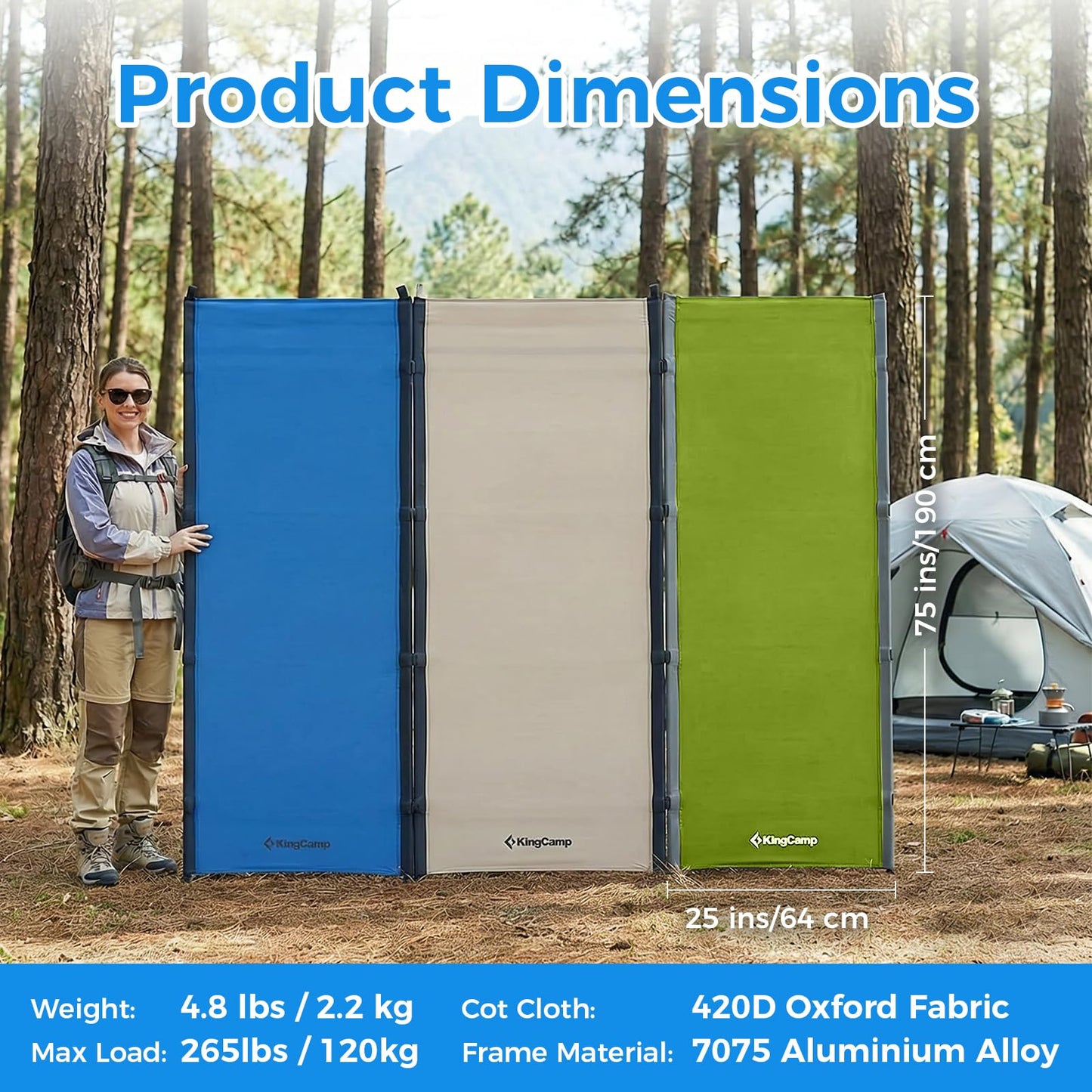 KingCamp Ultralight Camping Cot, Portable Folding Sleeping Cot for Adults, 265 Lbs Heavy Duty Compact Bed for Outdoor Backpacking Travel Hiking, Extra Wide 75 x 25 Inches, Blue
