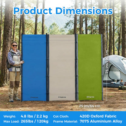 KingCamp Ultralight Camping Cot, Portable Folding Sleeping Cot for Adults, 265 Lbs Heavy Duty Compact Bed for Outdoor Backpacking Travel Hiking, Extra Wide 75 x 25 Inches, Blue