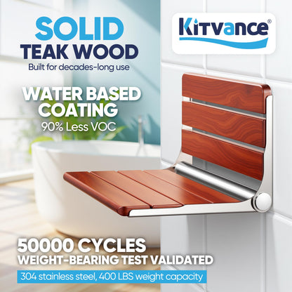 [Upgraded Version] 18" ADA Compliant Folding Teak Shower Seat Wall Mounted-Folding Shower Bench, Folding Shower Seat for Inside Shower, Teak Foldable Shower Chair, Fold Down Shower Seat, Max 400lbs