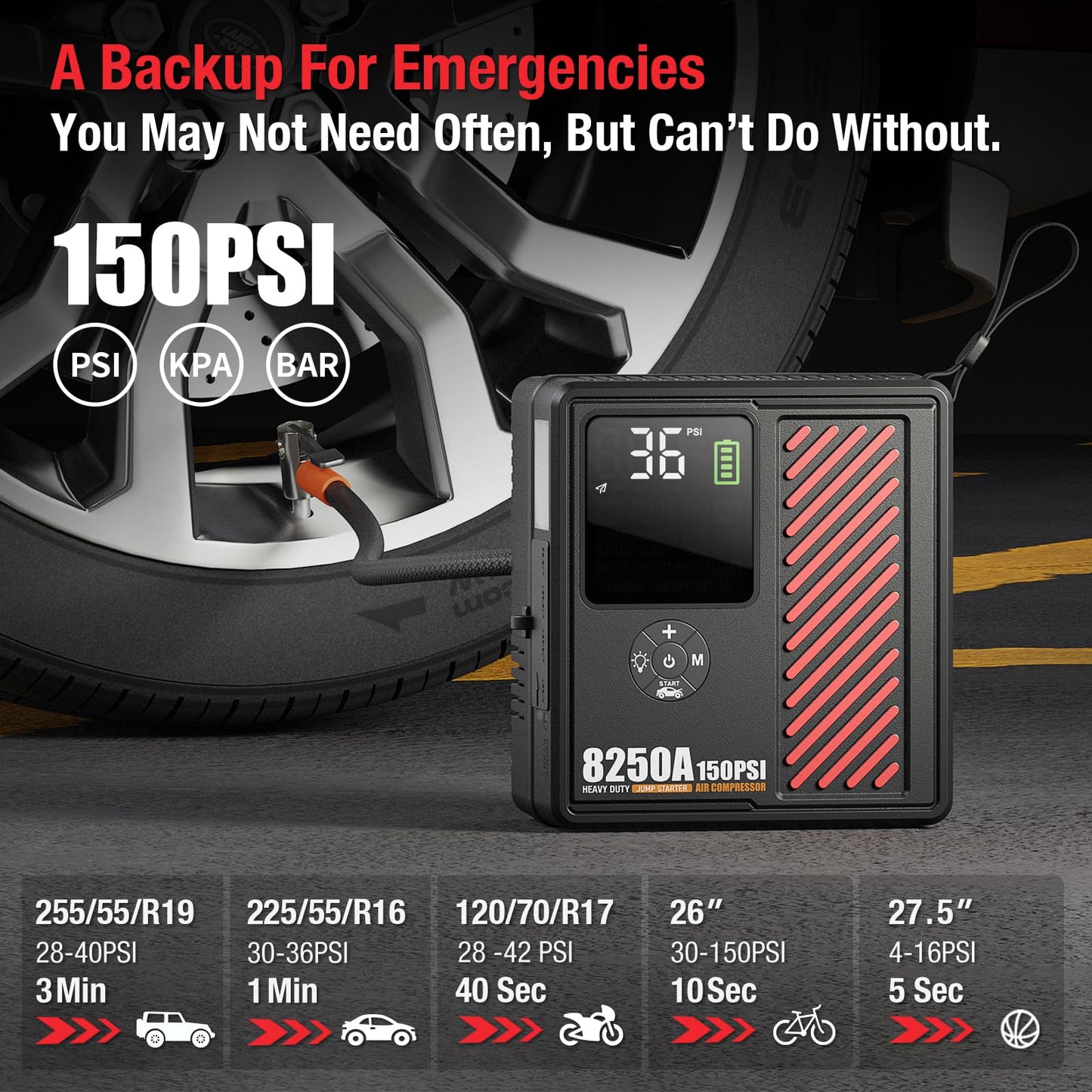 JFEGWO 8250A Jump Starter with 150PSI Air Compressor, 12V Car Battery Booster, 24000mAh Portable Tire Inflator for 12L Gas/10L Diesel, LED Display, LED Light, Storage Case, Jumper Cables Red