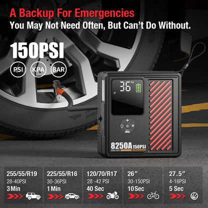 JFEGWO 8250A Jump Starter with 150PSI Air Compressor, 12V Car Battery Booster, 24000mAh Portable Tire Inflator for 12L Gas/10L Diesel, LED Display, LED Light, Storage Case, Jumper Cables Red