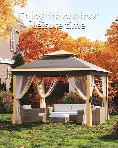 11x11 Pop-Up Gazebo, Instant Outdoor Canopy Tent with Netting, Durable Steel Frame, Water-Resistant Outdoor Gazebo for Patio, Garden, Courtyard, Party, Light Khaki+Dark Khaki