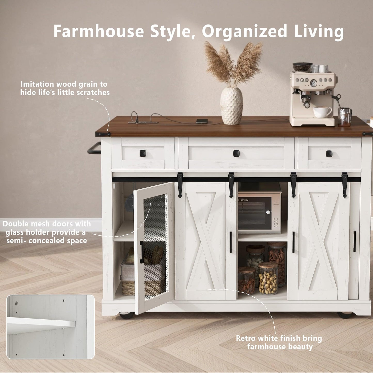 Merax Farmhouse 58 inch Kitchen Island on 5 Wheels with Drop Leaf Table, Power Outlet & Glass Holders, Wood Kitchen Rolling Cart with Spice Rack & Sliding Barn Door, 3 Drawers & Cabinet, White