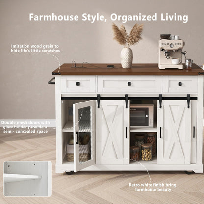 Merax Farmhouse 58 inch Kitchen Island on 5 Wheels with Drop Leaf Table, Power Outlet & Glass Holders, Wood Kitchen Rolling Cart with Spice Rack & Sliding Barn Door, 3 Drawers & Cabinet, White