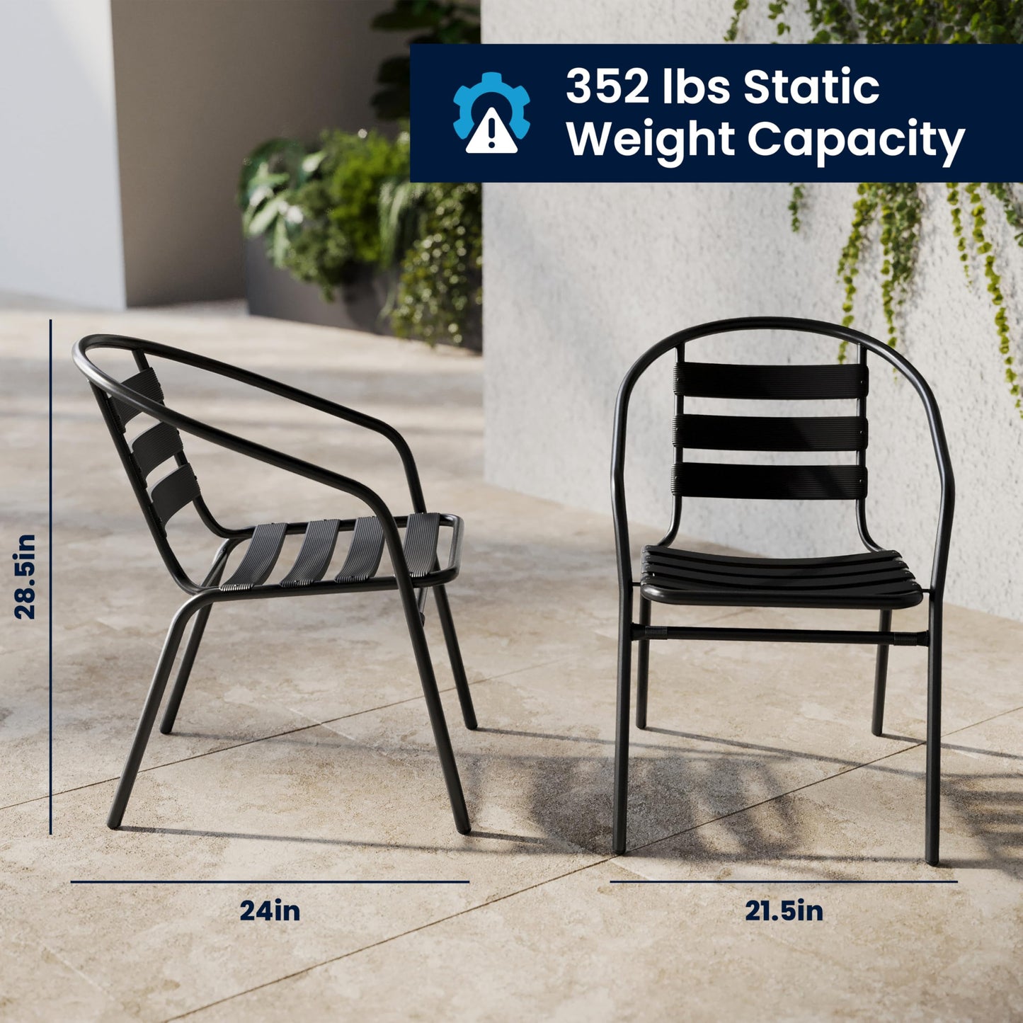 Flash Furniture Aluminum Slat Back Stacking Outdoor Restaurant Chairs, Modern Stackable Patio Chairs for Restaurants, Set of 4, Black