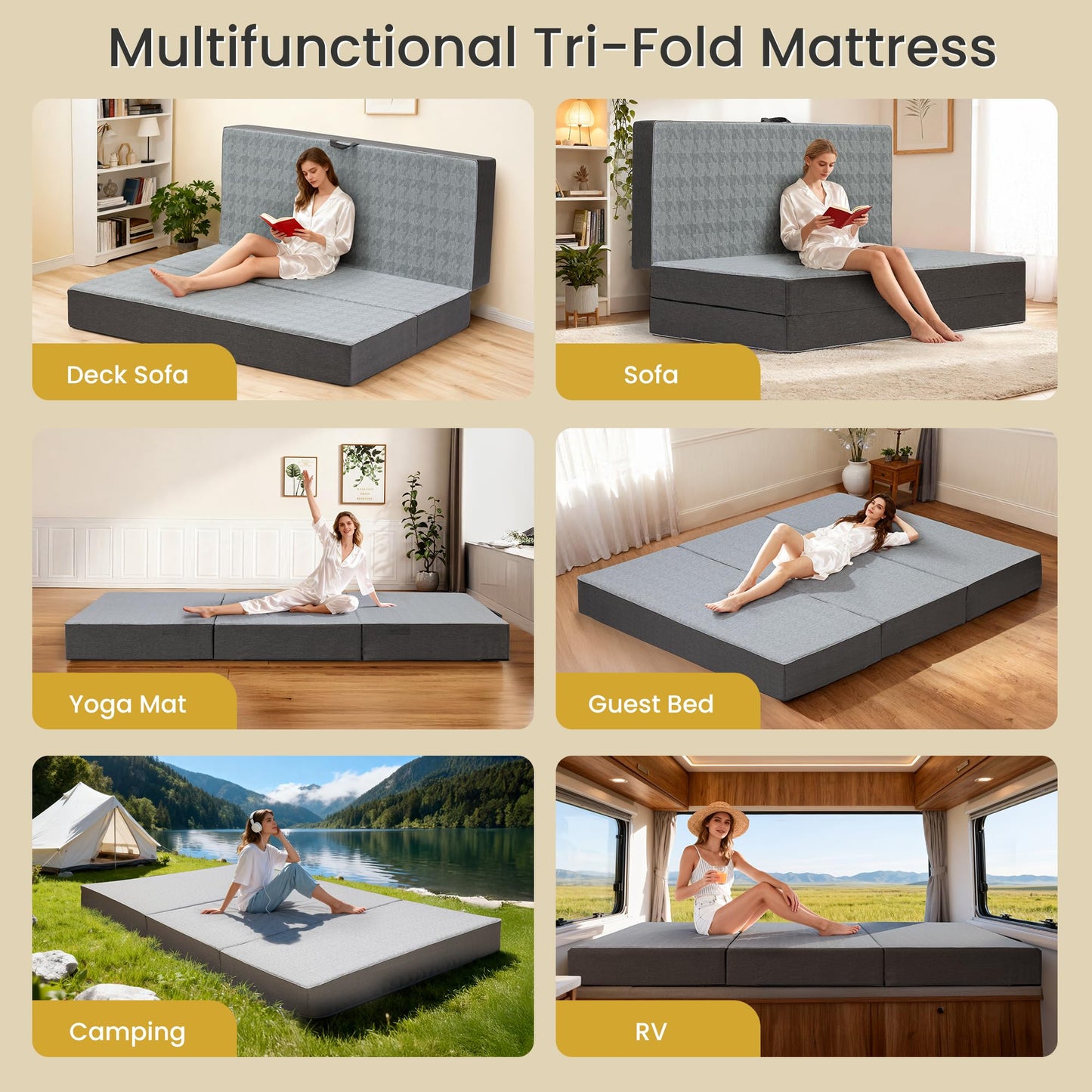 Tri Folding Mattress King Size - 6 Inch Dual-Layer Memory Foam Foldable Mattress Portable Floor Bed Sofa with Removable Washable Cover, Handle & Non-Slip Bottom for Guest, Camping, RV, Yoga, Home Use